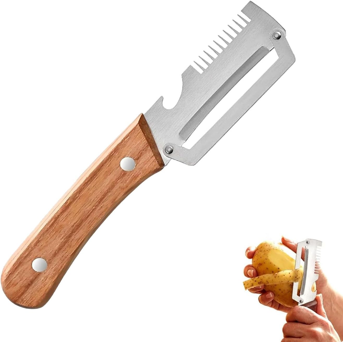 Multi-Functional Vegetable Peeler, 3 in 1 Multi Functional Wooden Handle Peeler and Bottle Opener, Kitchen Gadgets