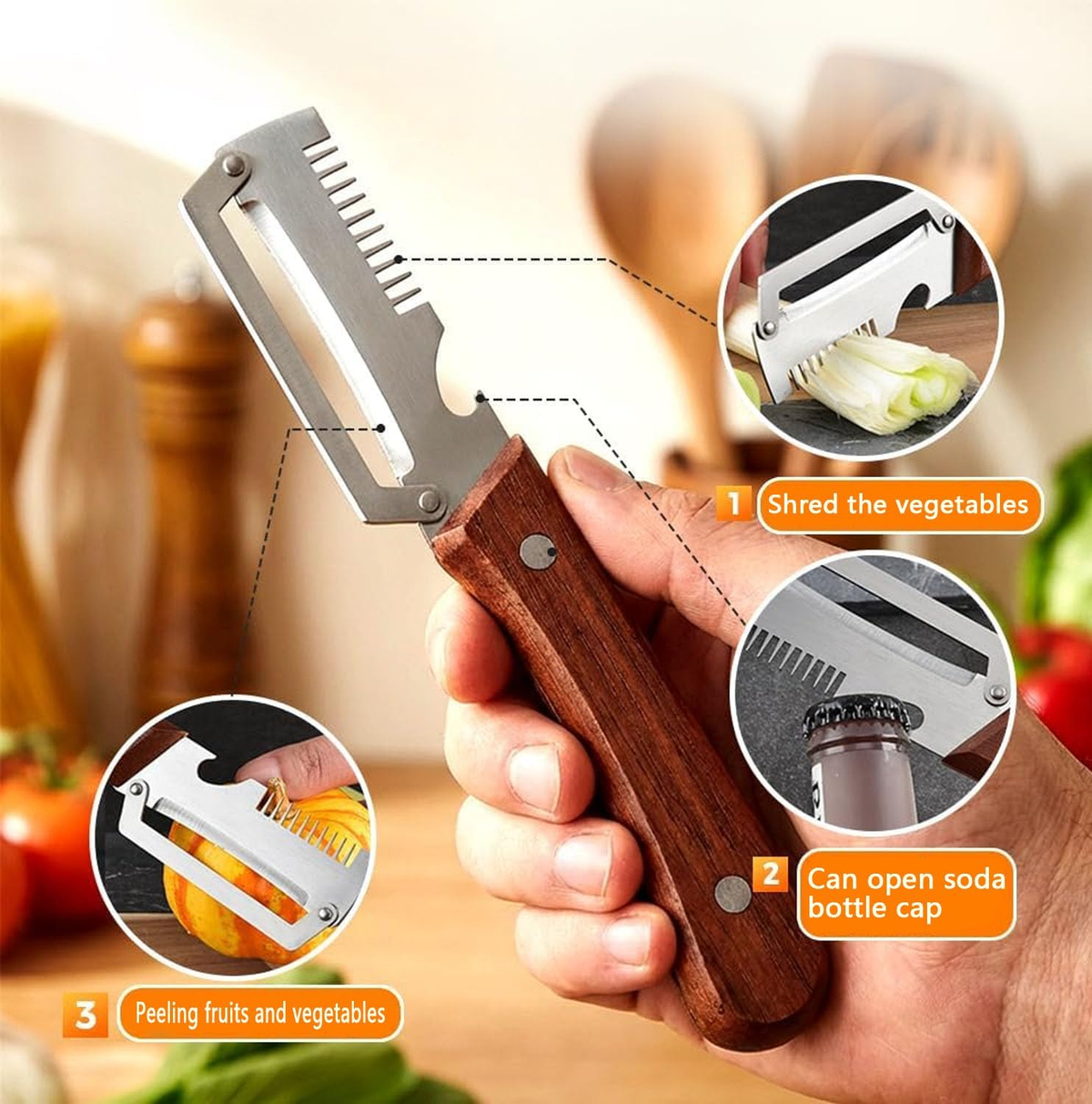 Multi-Functional Vegetable Peeler, 3 in 1 Multi Functional Wooden Handle Peeler and Bottle Opener, Kitchen Gadgets