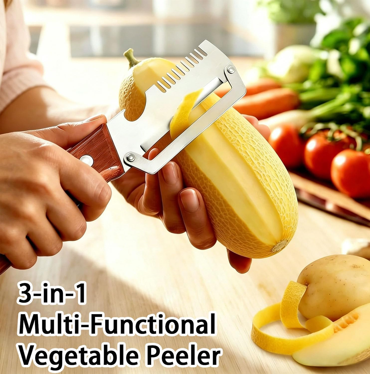 Multi-Functional Vegetable Peeler, 3 in 1 Multi Functional Wooden Handle Peeler and Bottle Opener, Kitchen Gadgets