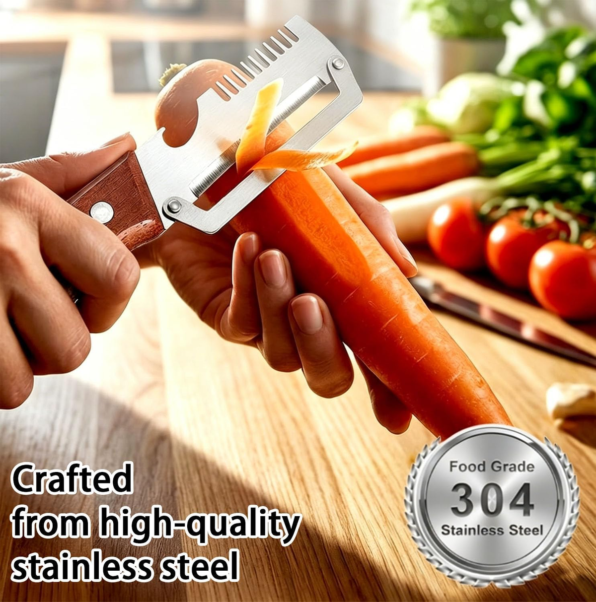 Multi-Functional Vegetable Peeler, 3 in 1 Multi Functional Wooden Handle Peeler and Bottle Opener, Kitchen Gadgets