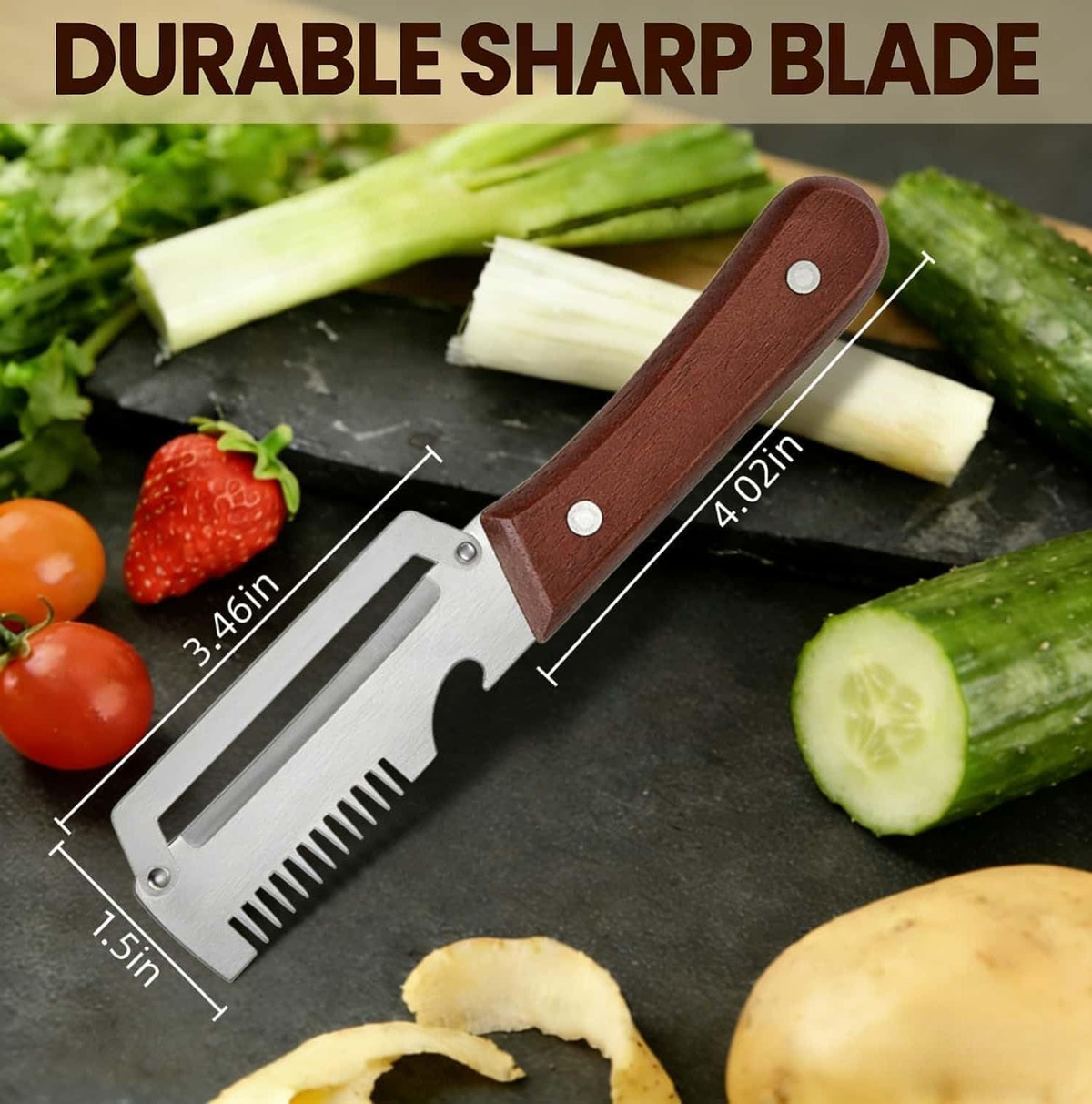 Multi-Functional Vegetable Peeler, 3 in 1 Multi Functional Wooden Handle Peeler and Bottle Opener, Kitchen Gadgets
